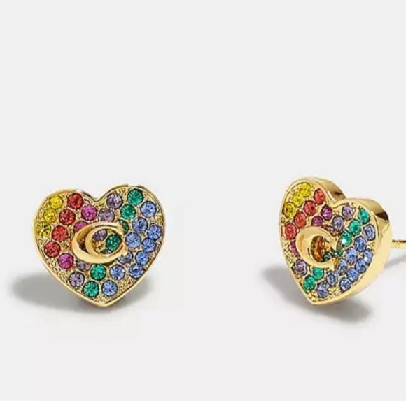 New Coach Pave Heart Stud Earrings Logo Gold Multicolor NWT - Picture 6 of 6
